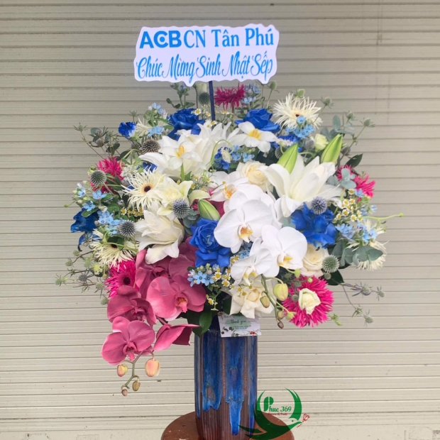 Chậu hoa cao hồ điệp trắng, tím, hoa ly kép, hoa hồng xanh 